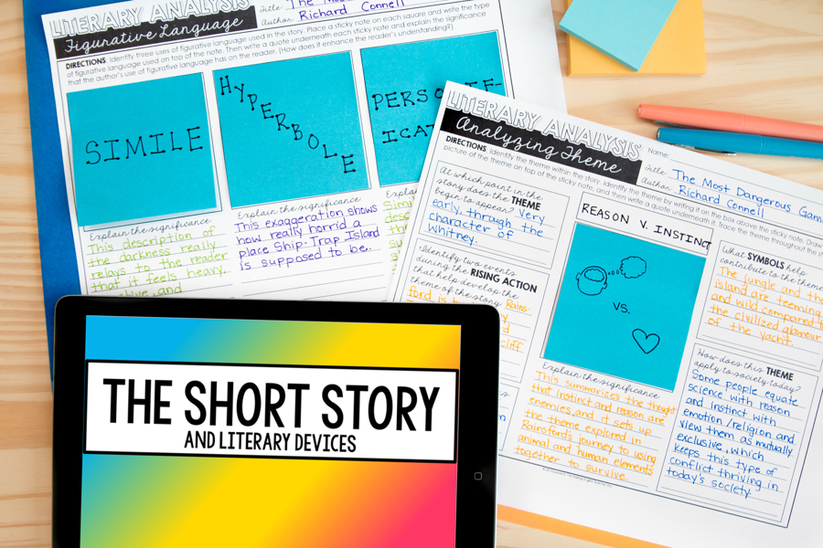 Introduction to short story and literary analysis sticky note teaching unit for high school English